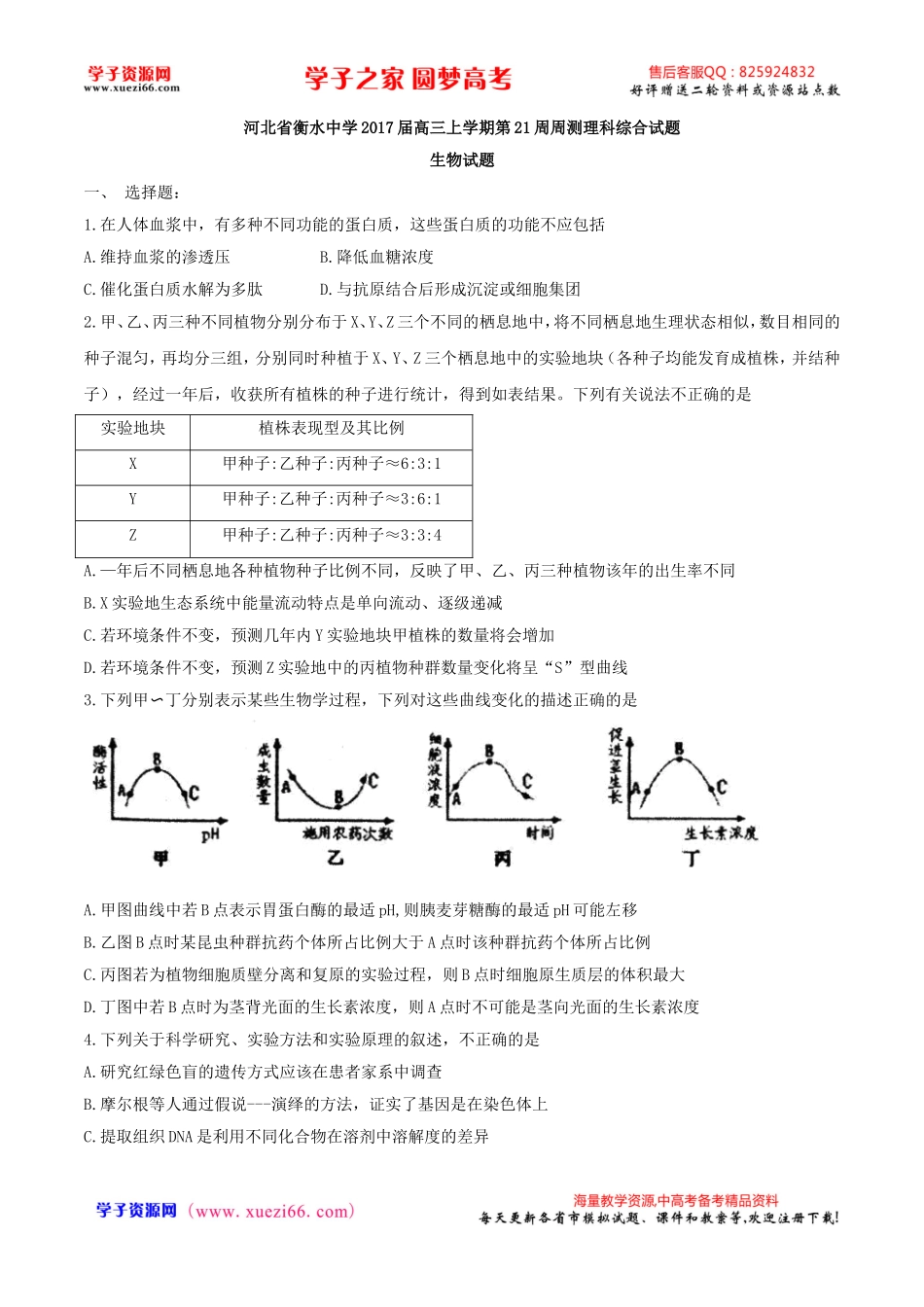 【全国百强校word】河北省衡水中学2017届高三上学期第21周周测理科综合生物试题.doc_第1页