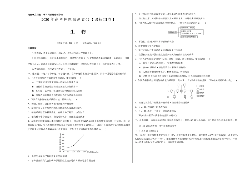 2020年高考押题预测卷02（课标III卷）-生物（考试版）.doc_第1页