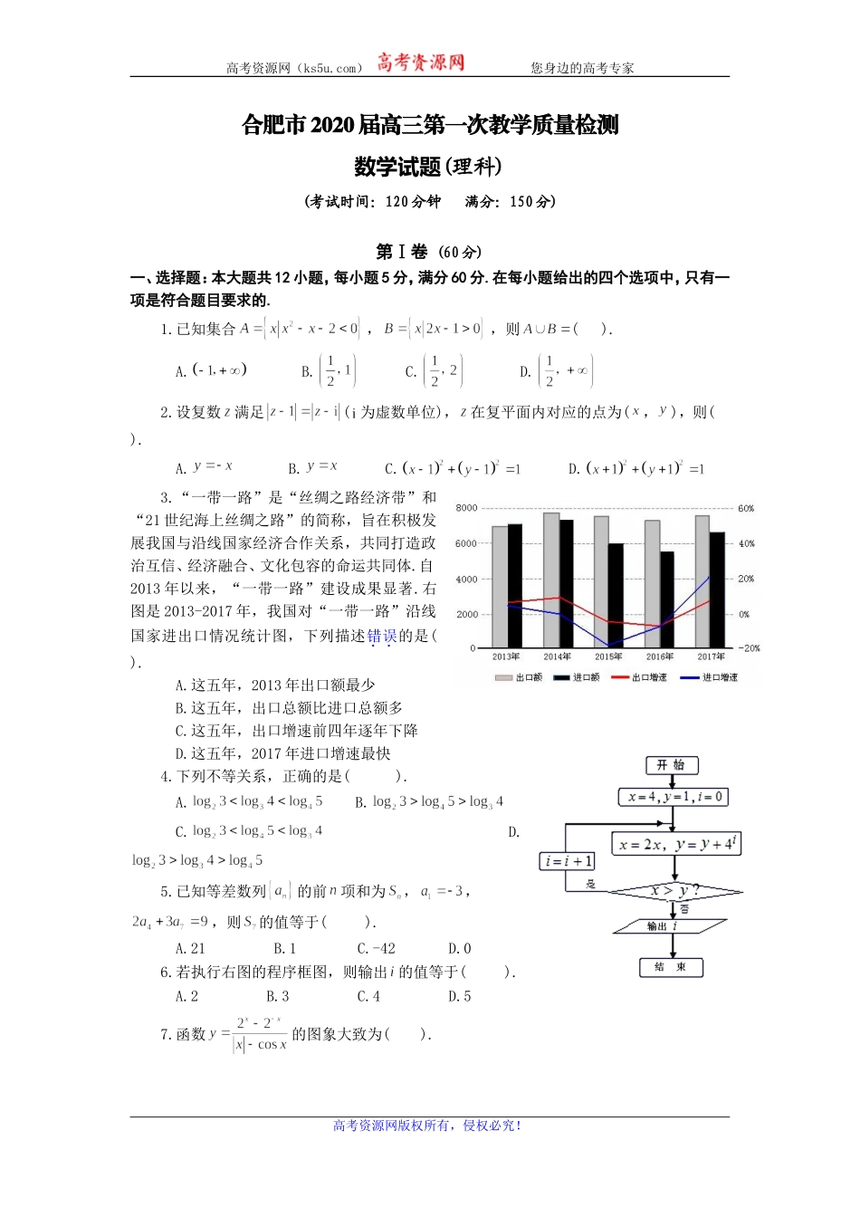 安徽省合肥市2020届高三第一次教学质量检测数学（理）试题 Word版含答案.doc_第1页