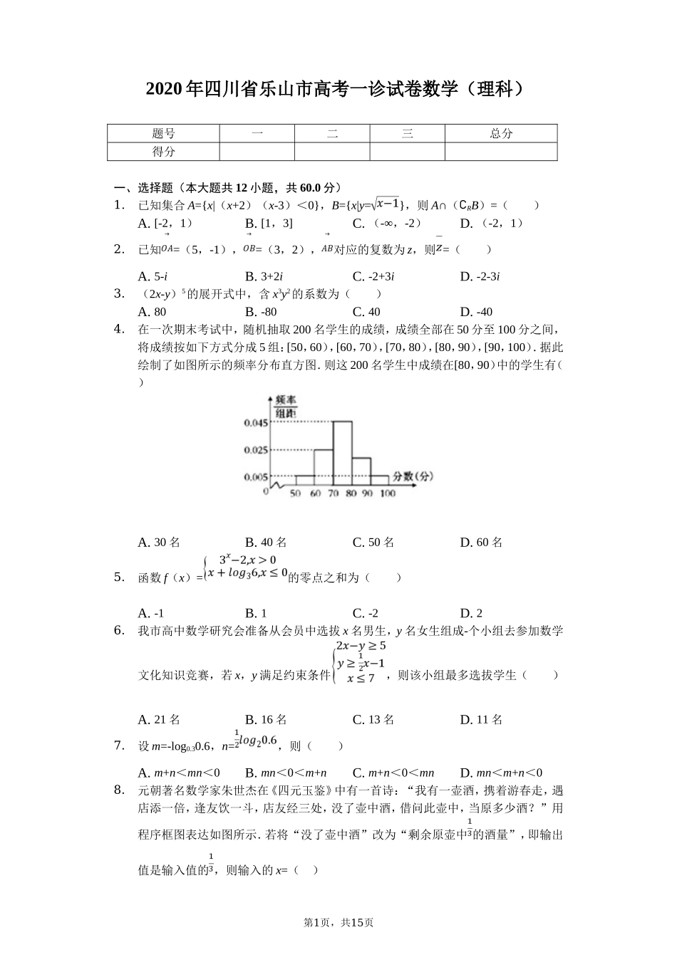 2020届四川省乐山市高考一诊模拟试卷数学（理科）（解析版）.doc_第1页