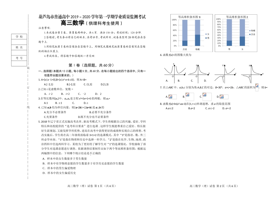 辽宁省葫芦岛市普通高中2020届高三上学期学业质量监测（期末）数学（理）试题 Word版含答案.doc_第1页