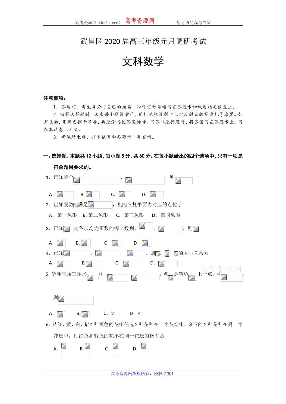 湖北省武汉市武昌区2020届高三元月调研考试数学（文）试题 Word版含答案.doc_第1页