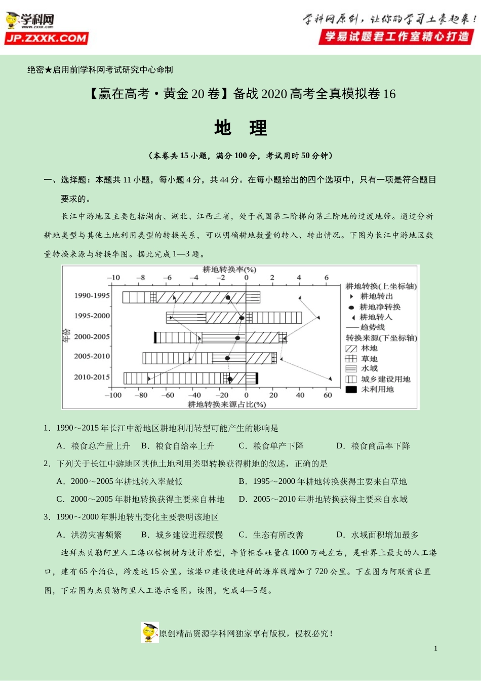 黄金卷16-【赢在高考·黄金20卷】备战2020高考地理全真模拟卷（原卷版）.docx_第1页