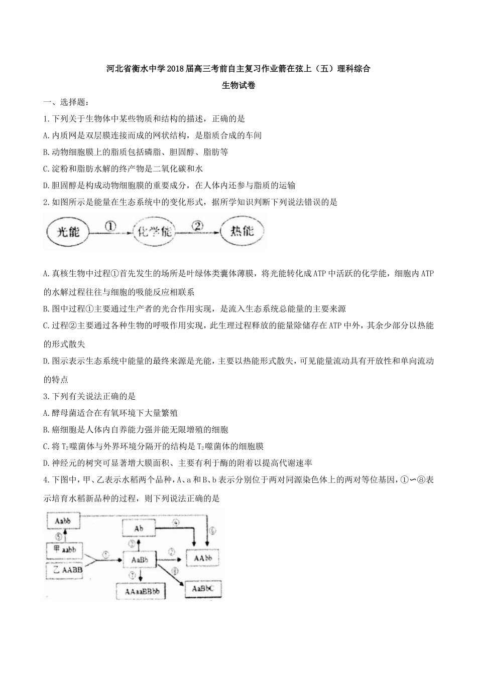 【全国百强校word】河北省衡水中学2018届高三考前自主复习作业箭在弦上（五）理科综合生物试卷.doc_第1页