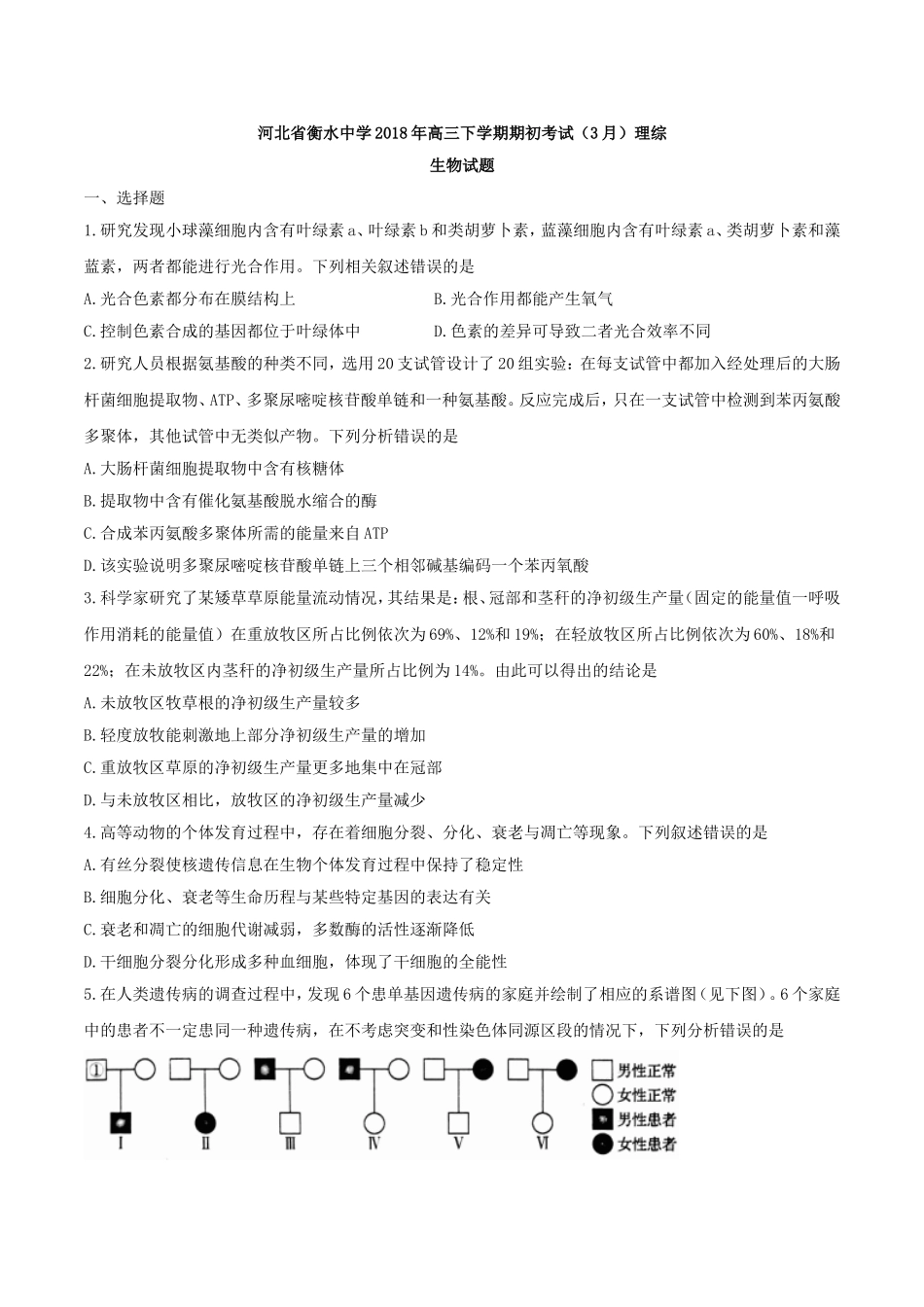 【全国百强校】河北省衡水中学2018年高三下学期期初考试（3月）理综生物试题.doc_第1页