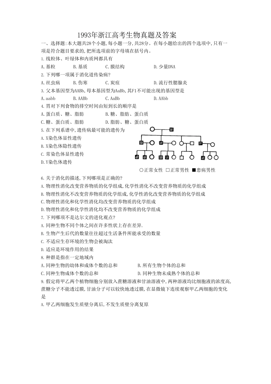 1993年浙江高考生物真题及答案.doc_第1页