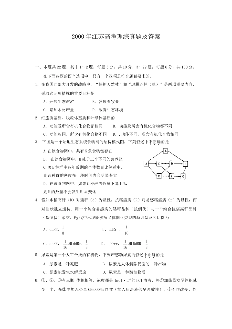 2000年江苏高考理综真题及答案.doc_第1页