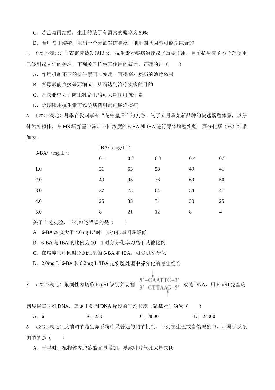 2021年高考生物真题（湖北自主命题）（原卷版）.docx_第2页