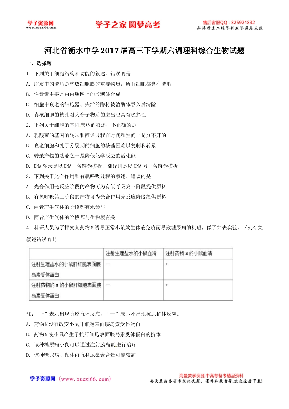 精品解析：【全国百强校】河北省衡水中学2017届高三下学期六调理综生物试题解析（原卷版）.doc_第1页