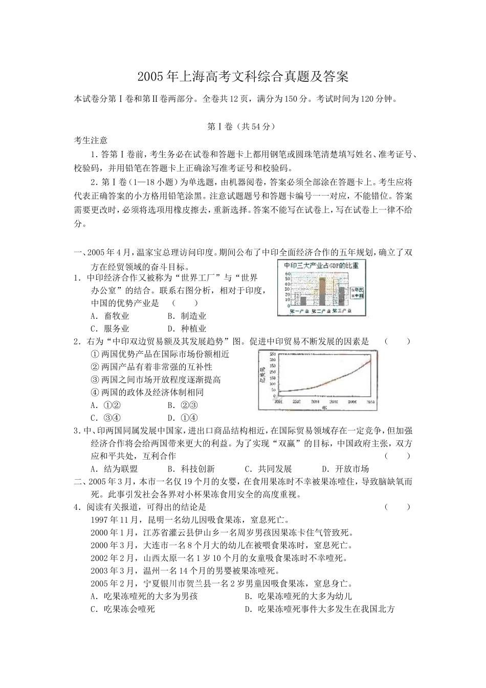 2005年上海高考文科综合真题及答案.doc_第1页