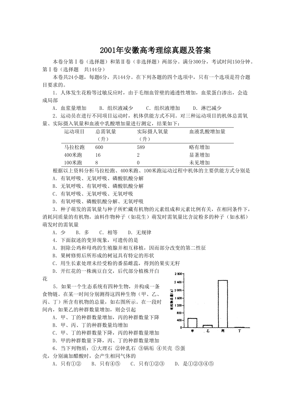 2001年安徽高考理综真题及答案.doc_第1页