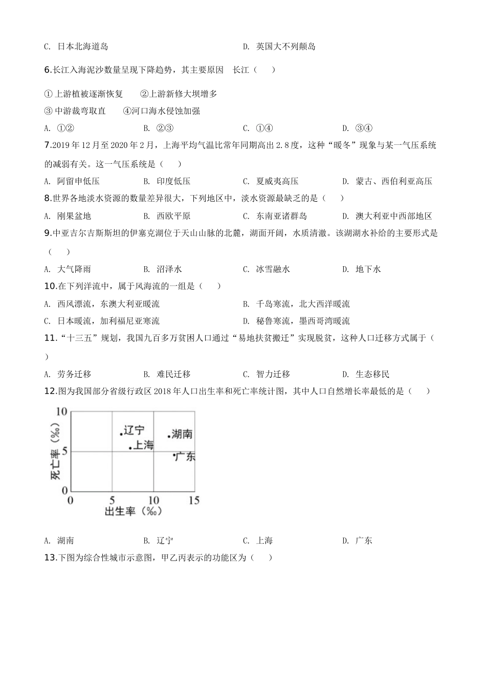 2020年上海市普通高中学业水平等级性考试地理试题（原卷版）.doc_第2页