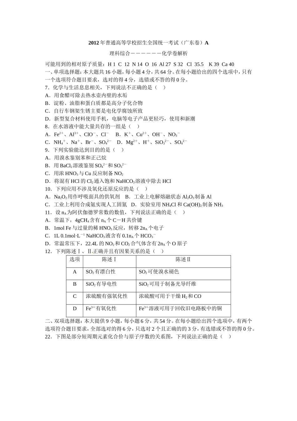 2012年高考化学真题（广东自主命题）.doc_第1页