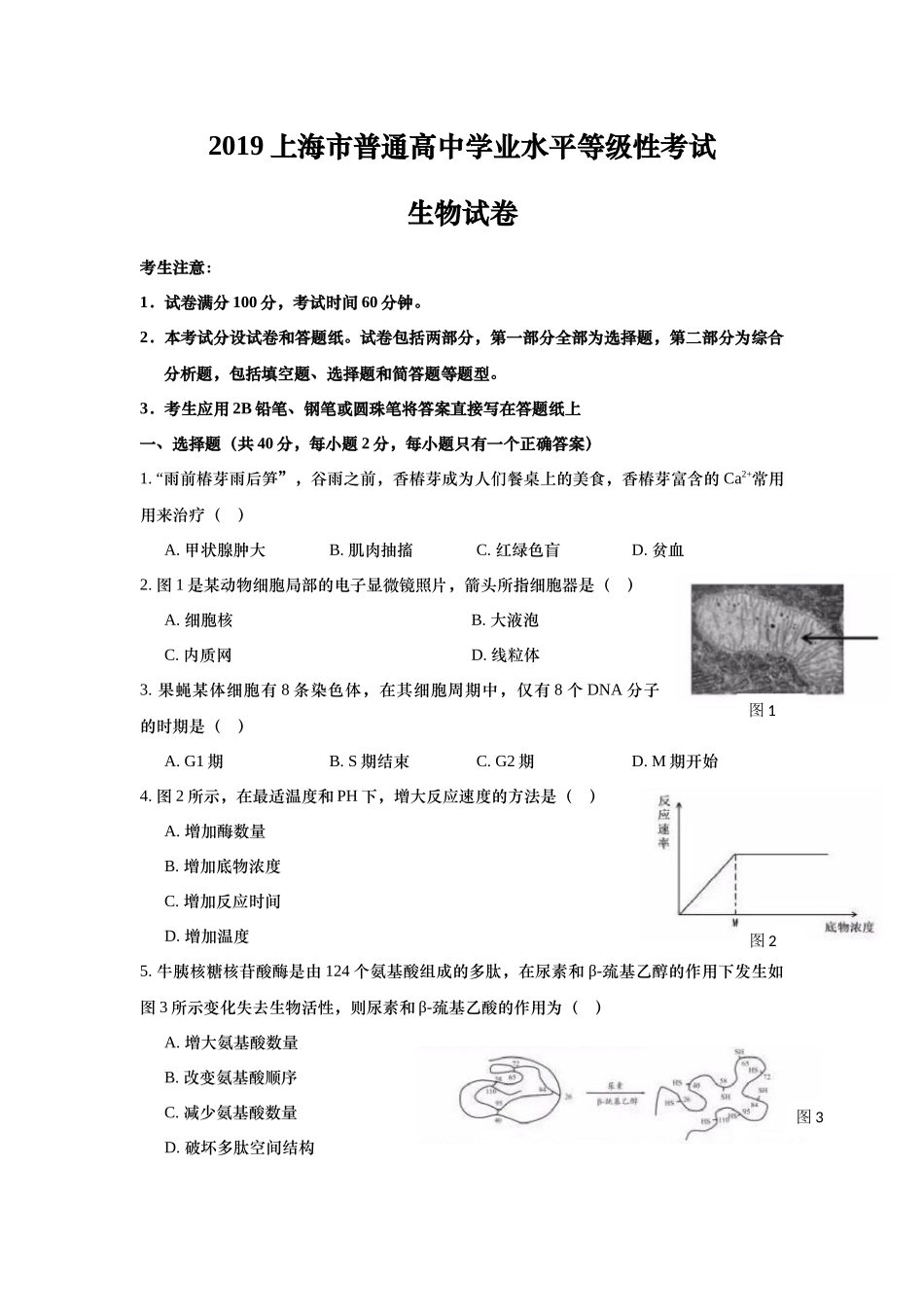 2019年上海市高中毕业统一学业考试生物试卷（回忆版及答案）.docx_第1页