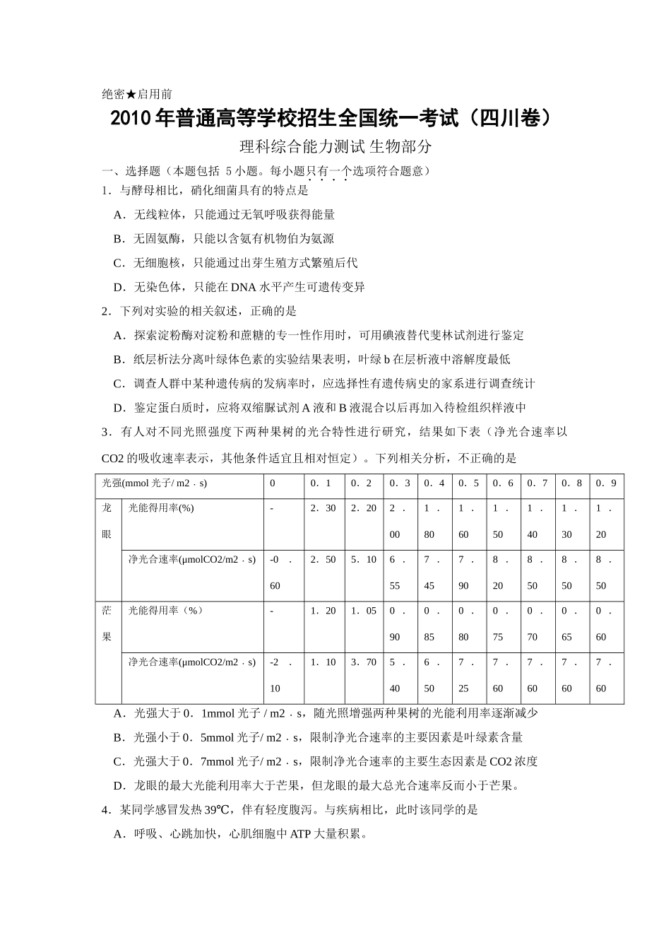 2010年高考生物真题（四川自主命题）.doc_第1页