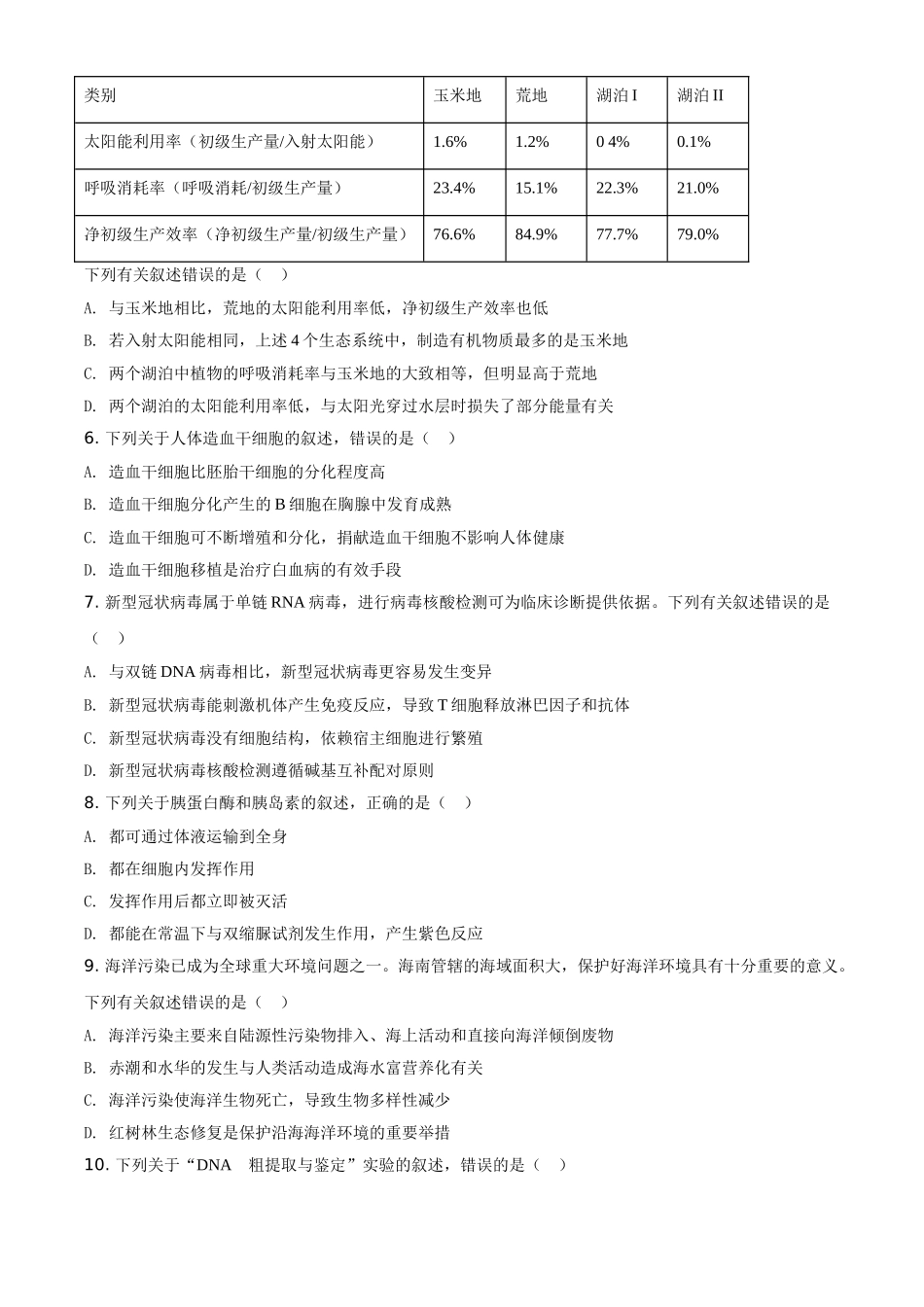 2020年高考生物真题（海南自主命题）（原卷版）.doc_第2页