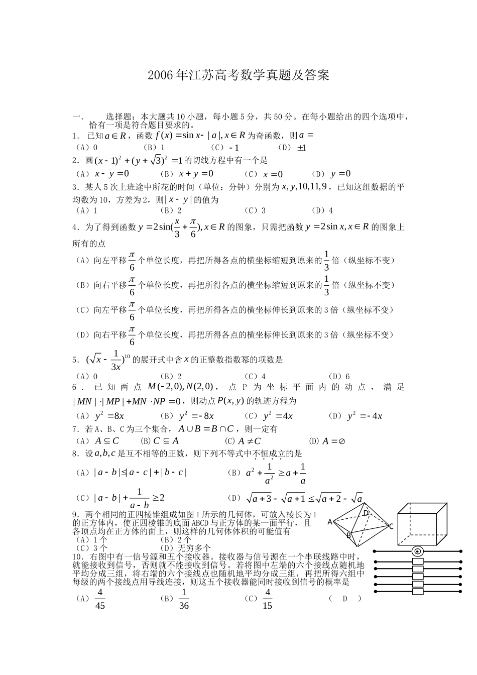 2006年高考数学真题（ 江苏自主命题）.doc_第1页