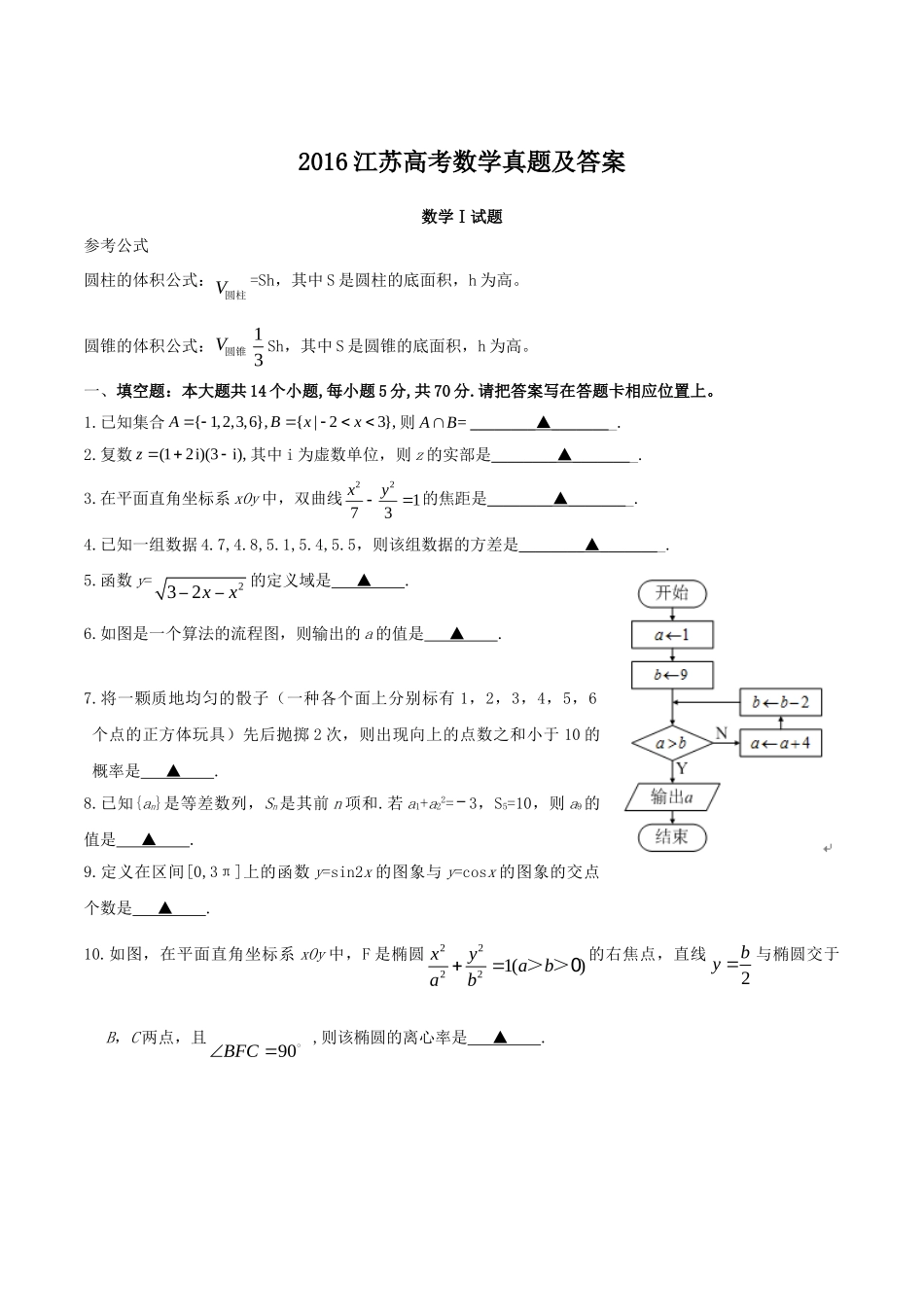 2016年高考数学真题（ 江苏自主命题）.doc_第1页