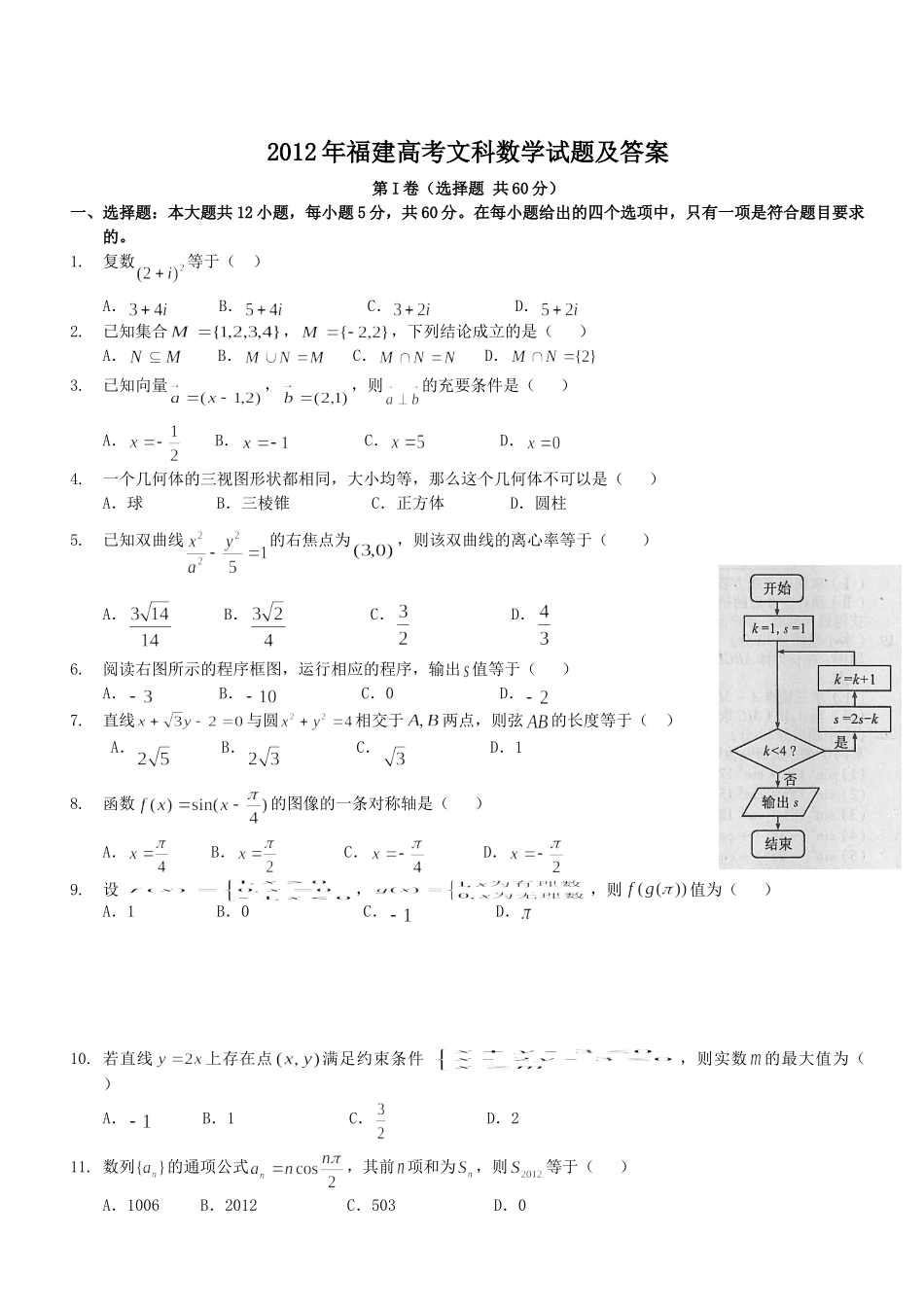 2012年高考数学真题（文科 ）（福建自主命题）.doc_第1页