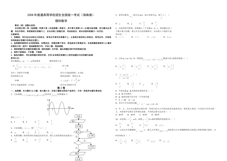 2008年海南省高考数学（原卷版）（理科）.doc_第1页