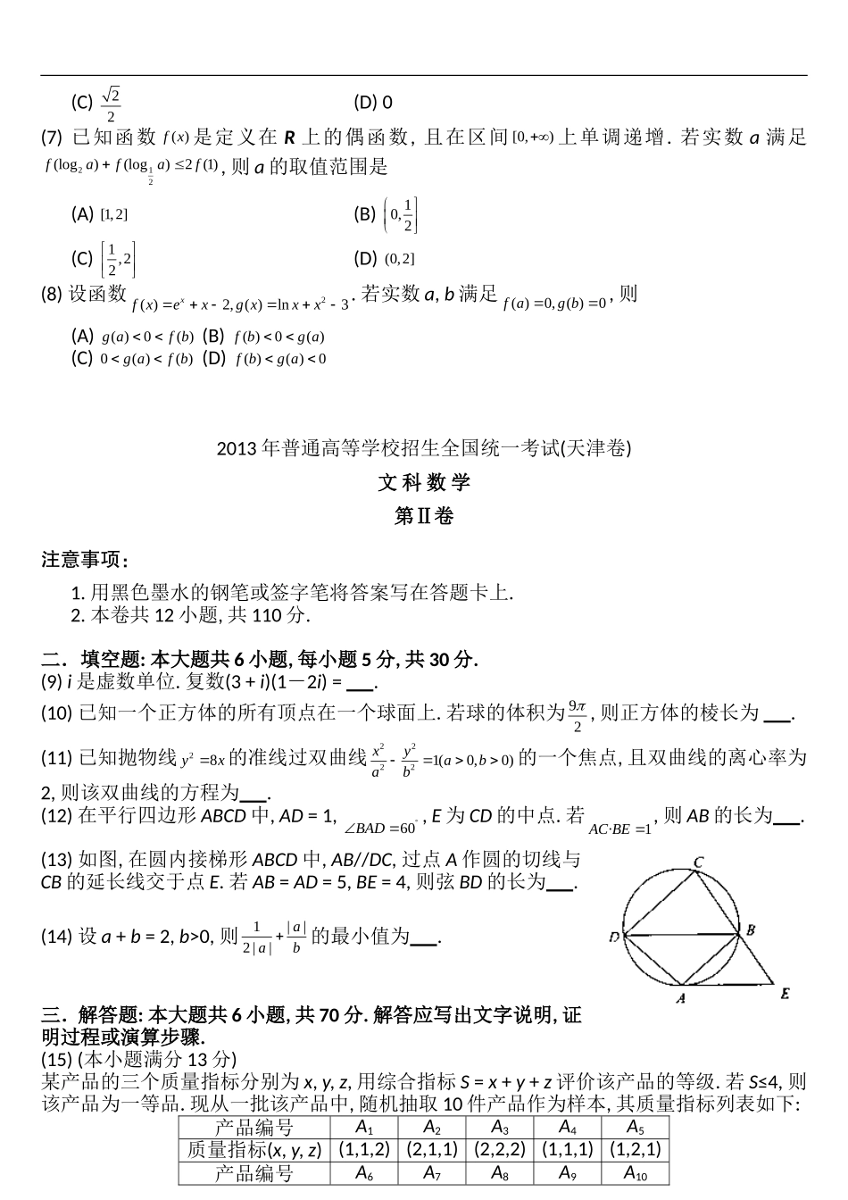 2013年天津高考文科数学试题及答案(Word版).doc_第2页