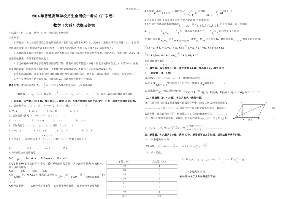 2014年广东高考（文科）数学（原卷版）.doc_第1页