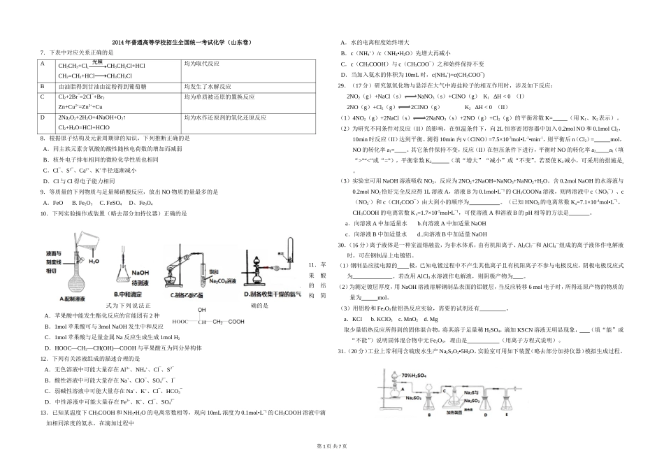 2014年高考真题 化学(山东卷)（含解析版）.doc_第1页