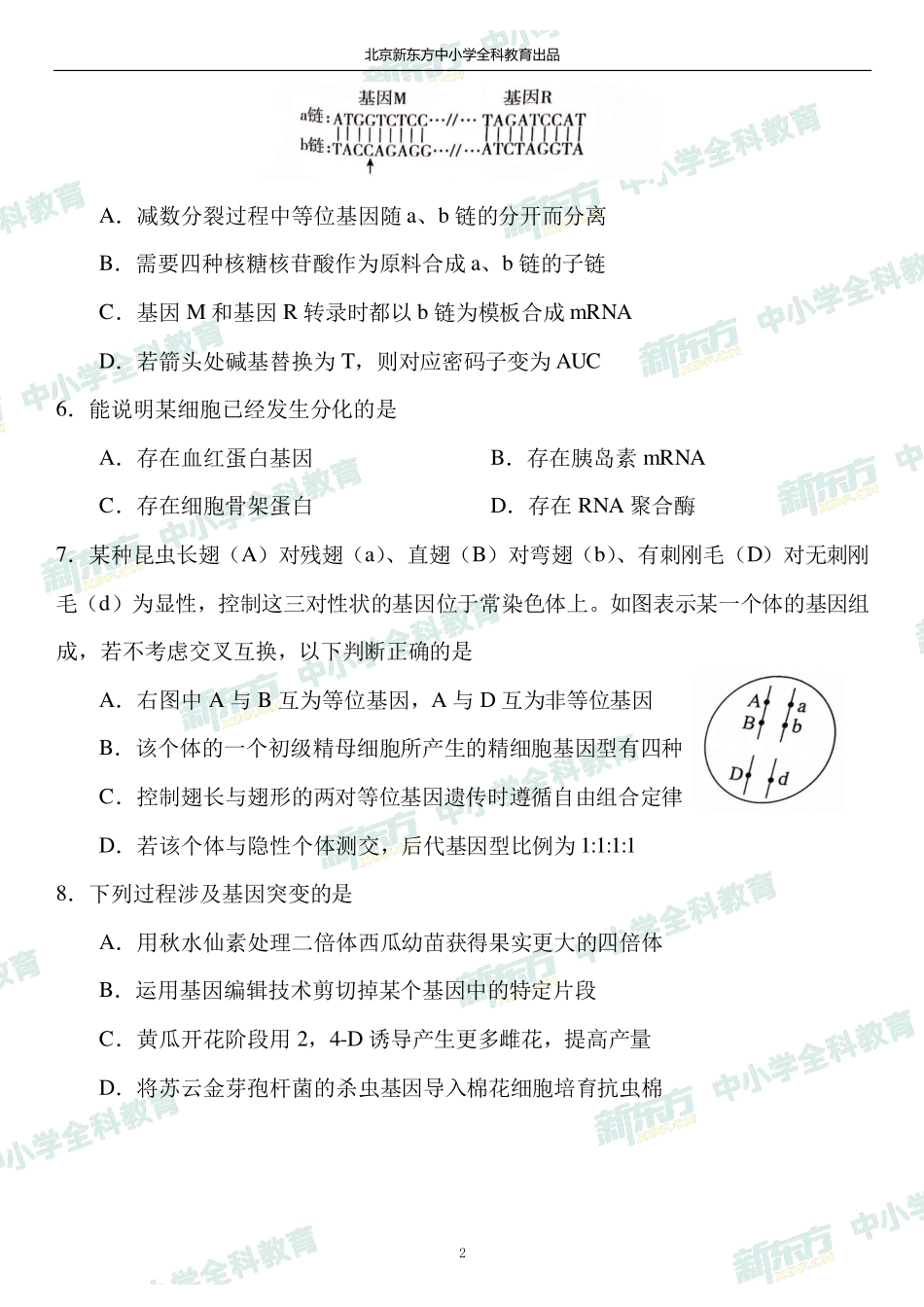2020年1月北京东城高三期末生物试卷答案(北京新东方).pdf_第2页