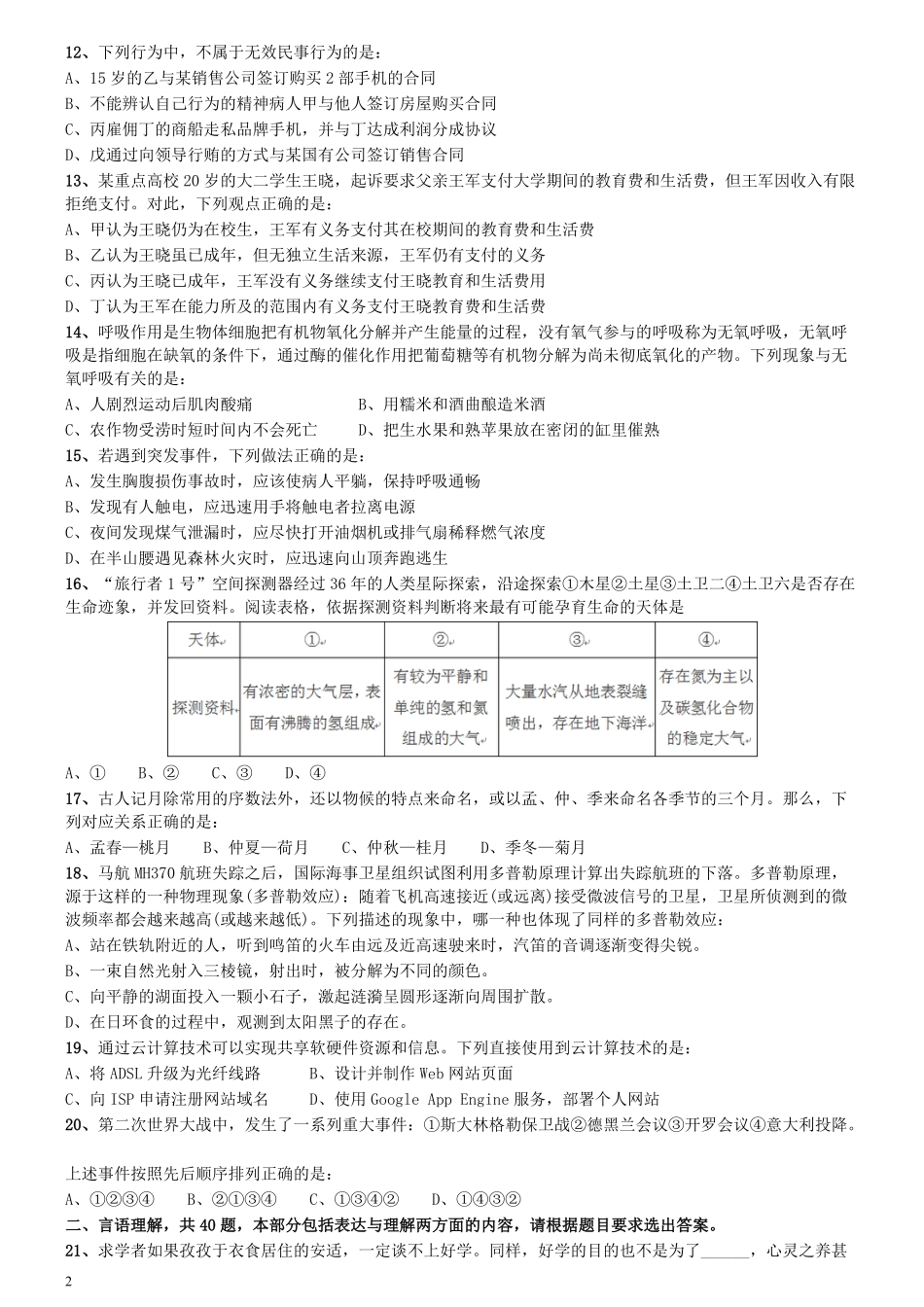 2015年425公务员联考《行测》陕西卷.pdf_第2页