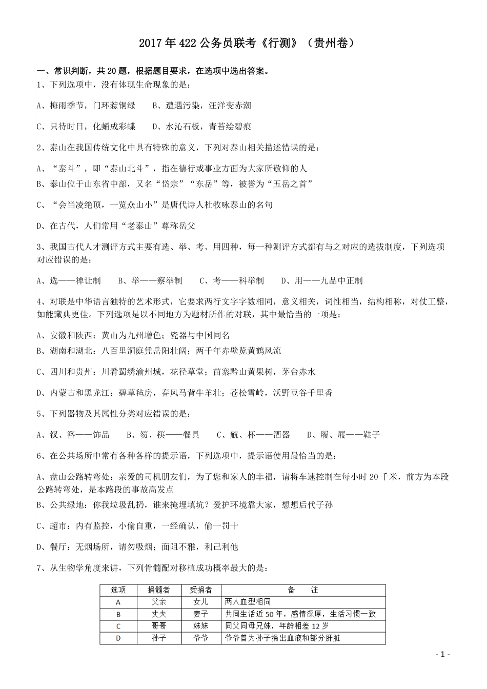 2017年422公务员联考《行测》真题（贵州卷）.pdf_第1页