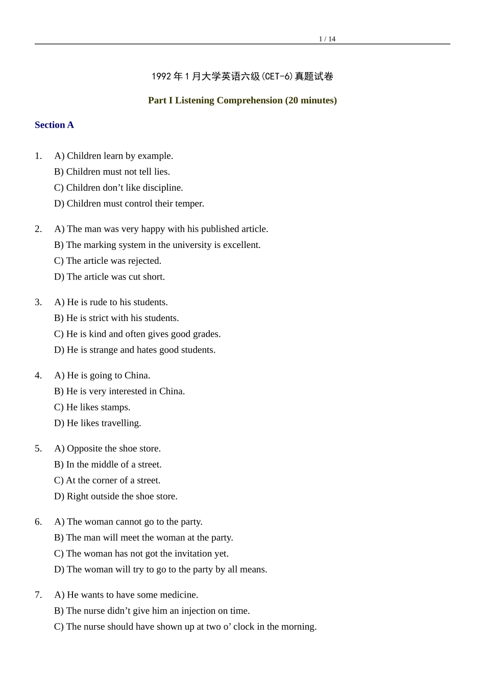 1992年1月大学英语六级(CET-6)真题试卷.doc_第1页
