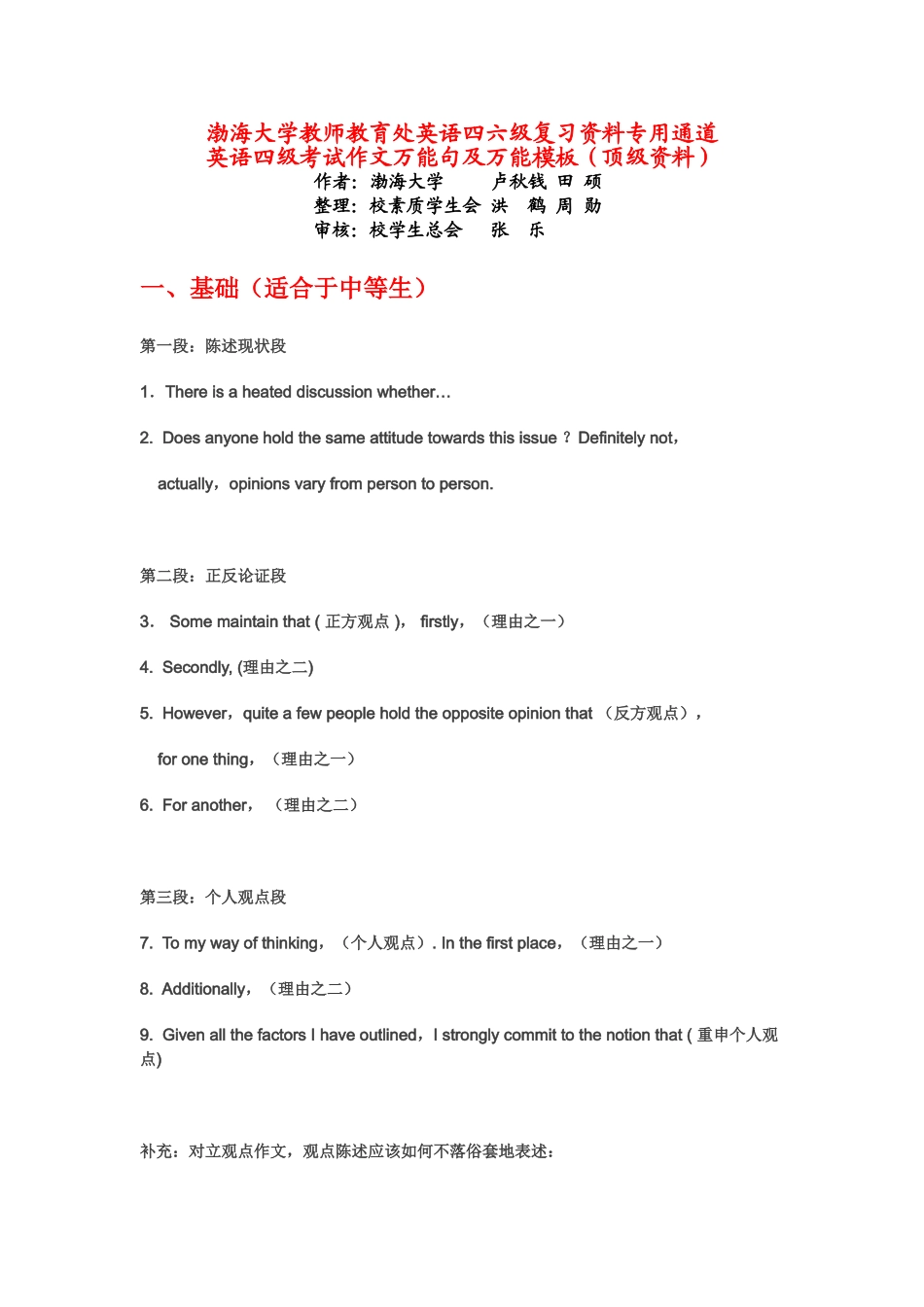 1_822893_英语四六级考试作文万能句及万能模板.doc_第1页