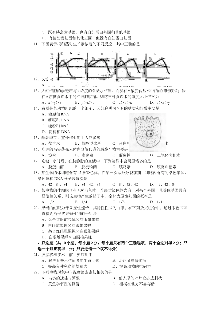 2001年上海市高中毕业统一学业考试生物试卷（原卷版）.doc_第2页