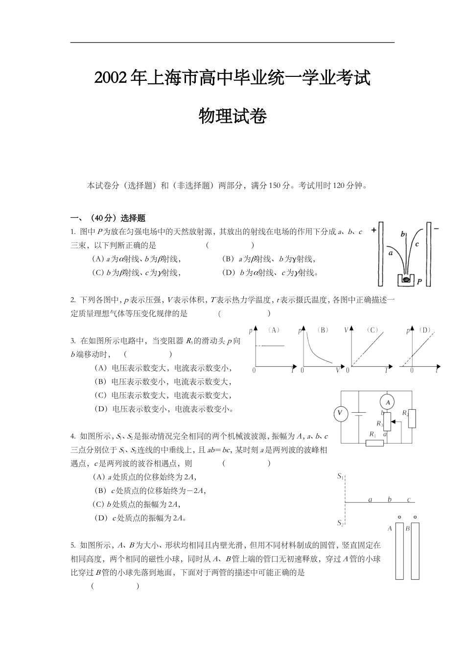 2002年上海市高中毕业统一学业考试物理试卷（答案版）（www.ximiyu.com）.doc_第1页