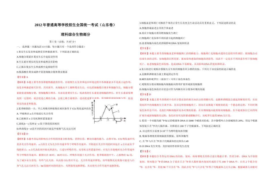 2012年高考真题 生物(山东卷)（含解析版）.docx_第1页