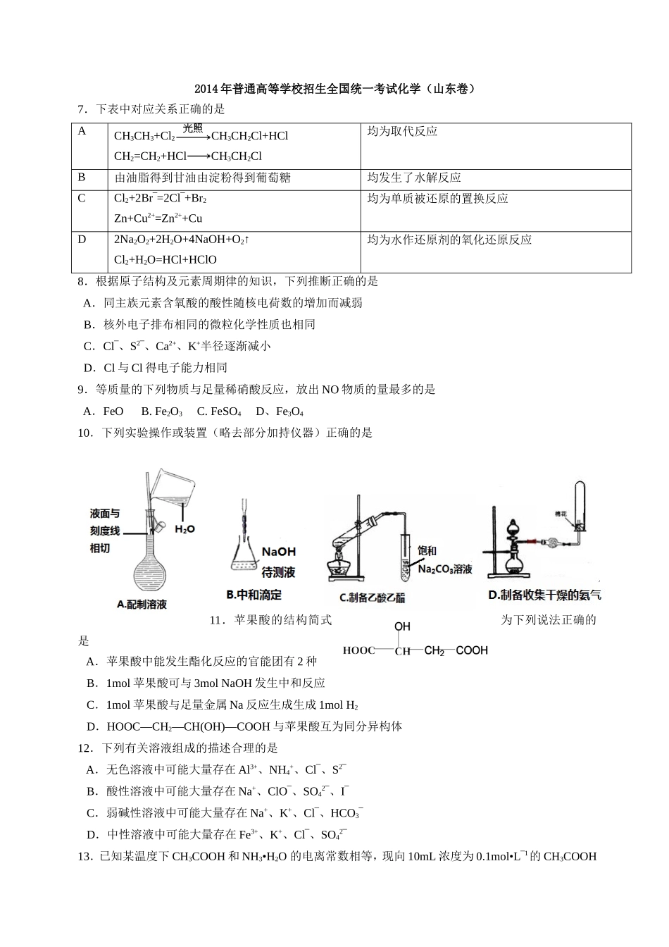 2014年高考真题 化学(山东卷)（含解析版）.doc_第1页