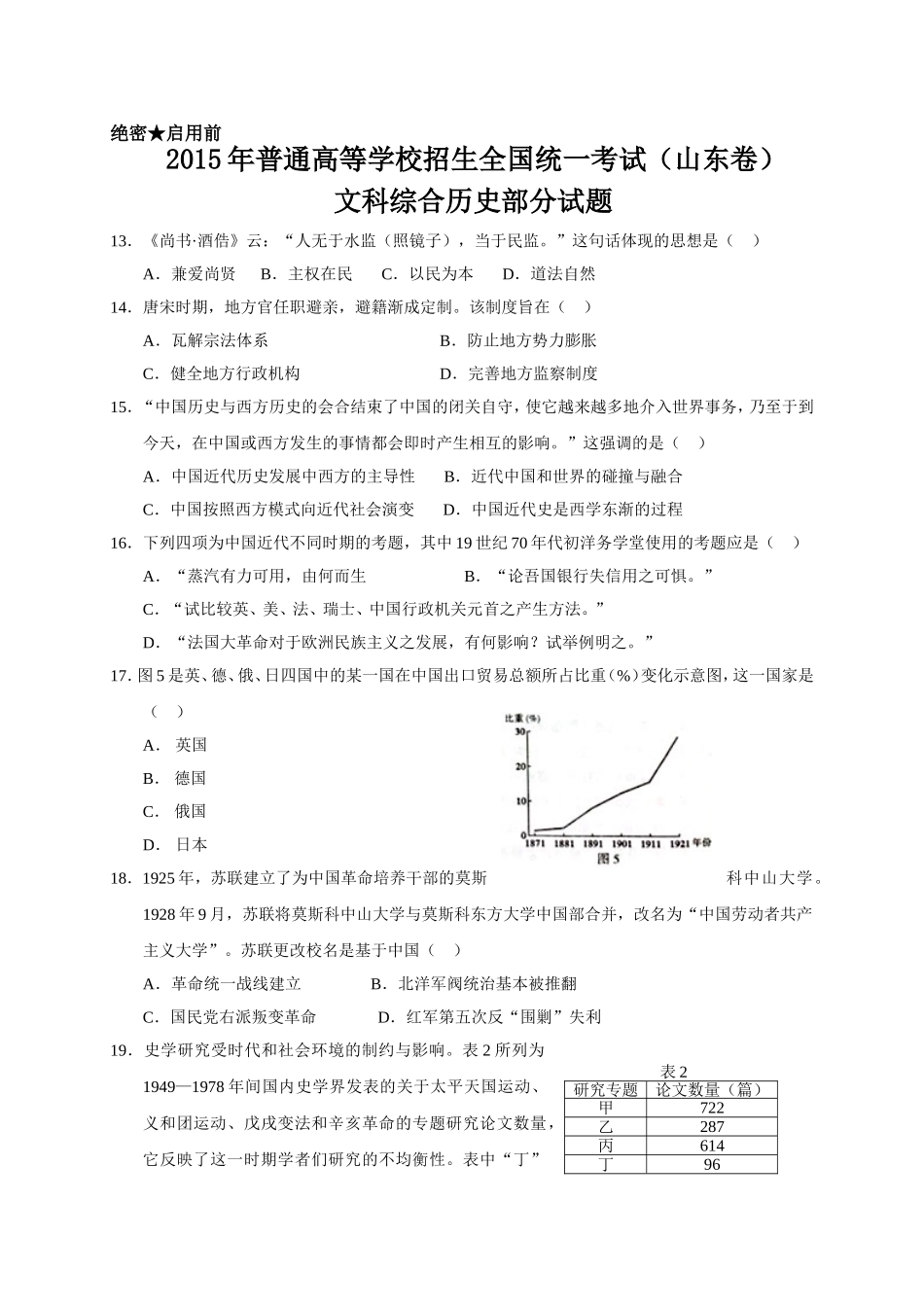 2015年高考真题 历史(山东卷)（原卷版）.doc_第1页