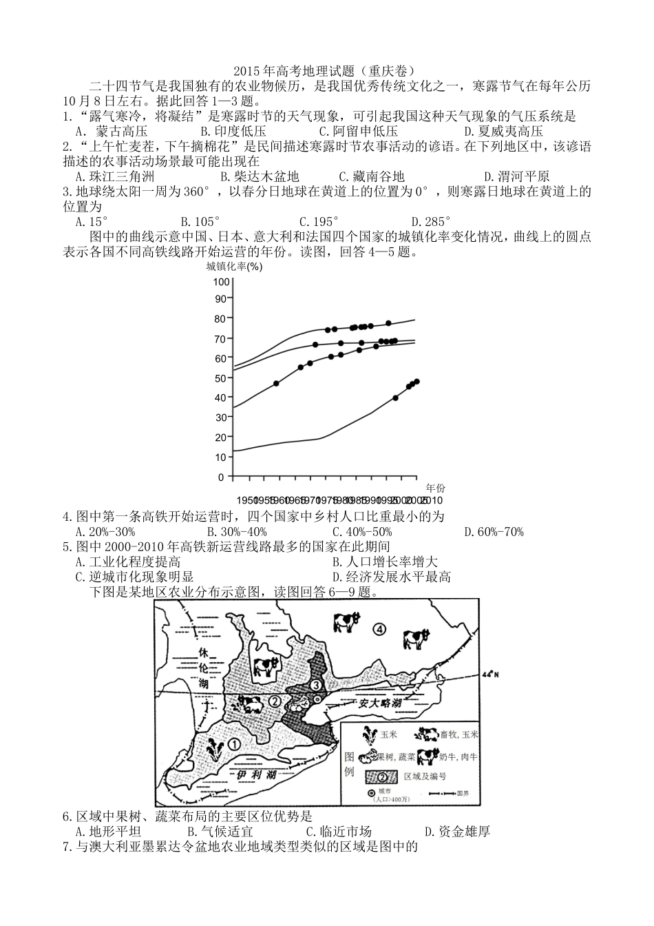 2015年高考文综（重庆市）地理部分及答案.doc_第1页