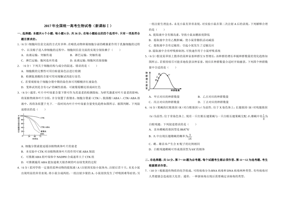 2017年高考真题 生物(山东卷)（含解析版）.doc_第1页