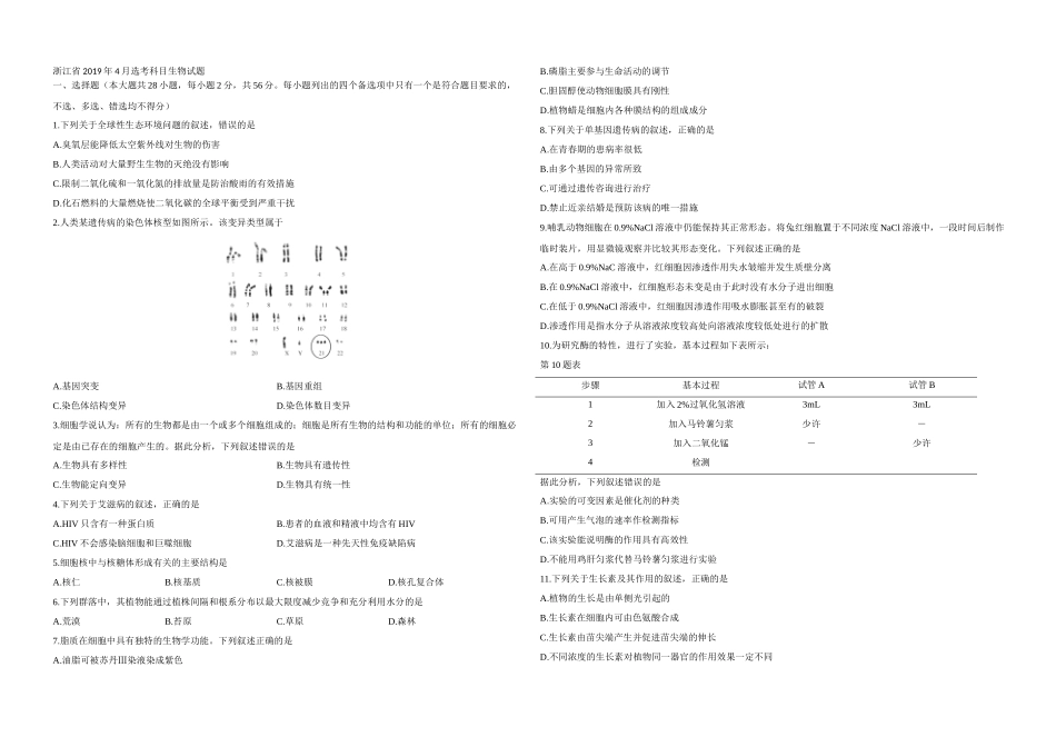 2019年浙江省高考生物【4月】（原卷版）.docx_第1页