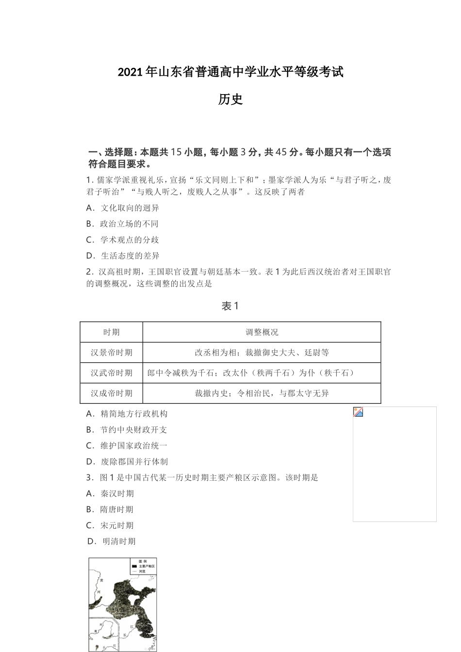 2021年高考真题历史(山东卷)（原卷版）.doc_第1页