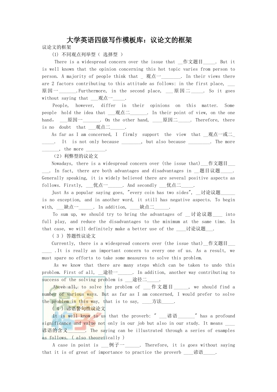 大学英语四级写作模板库：议论文框架.doc_第1页