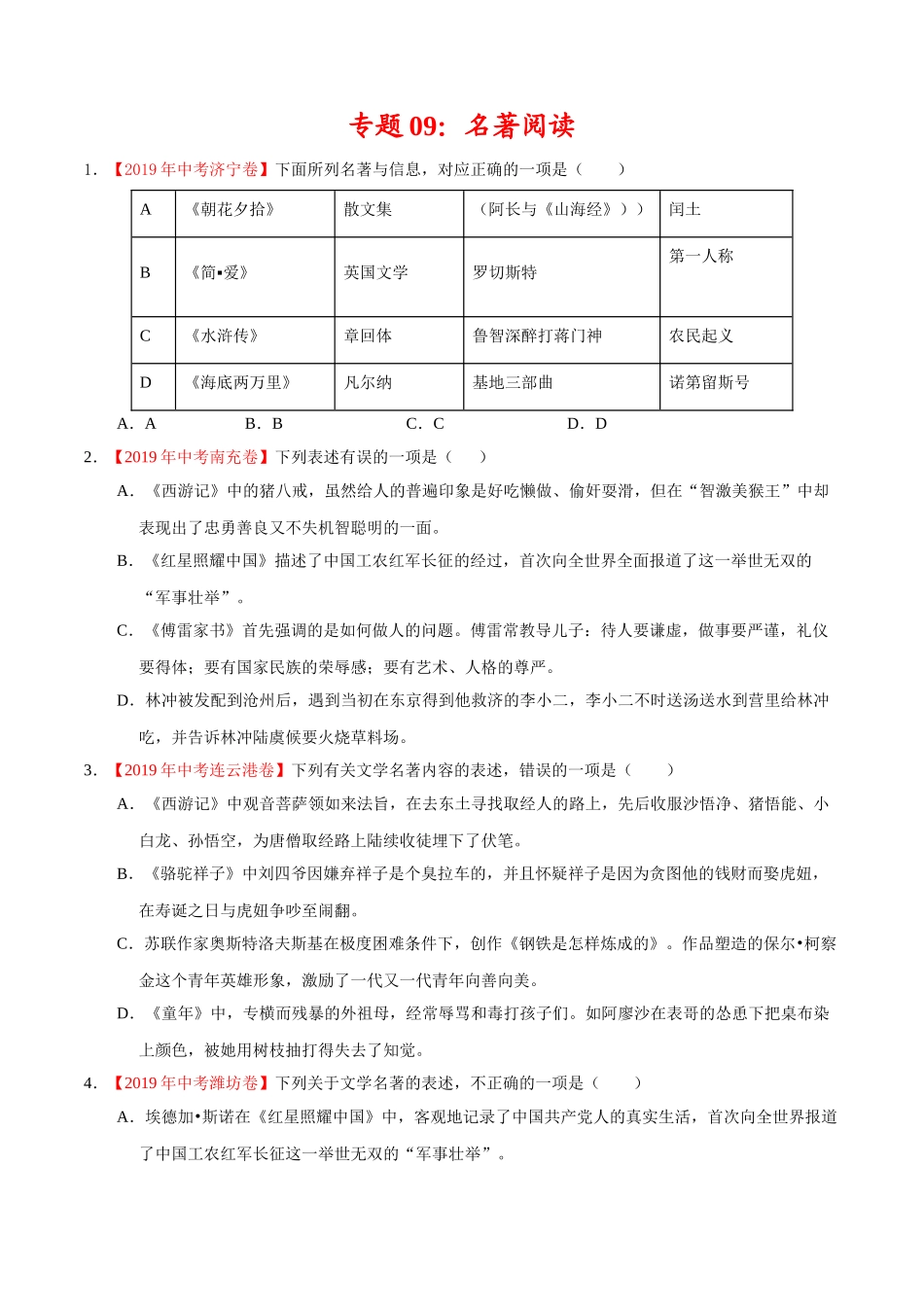200511_152433-专题09 名著阅读2020年中考真题语文试题分项汇编（原卷版）.doc_第1页