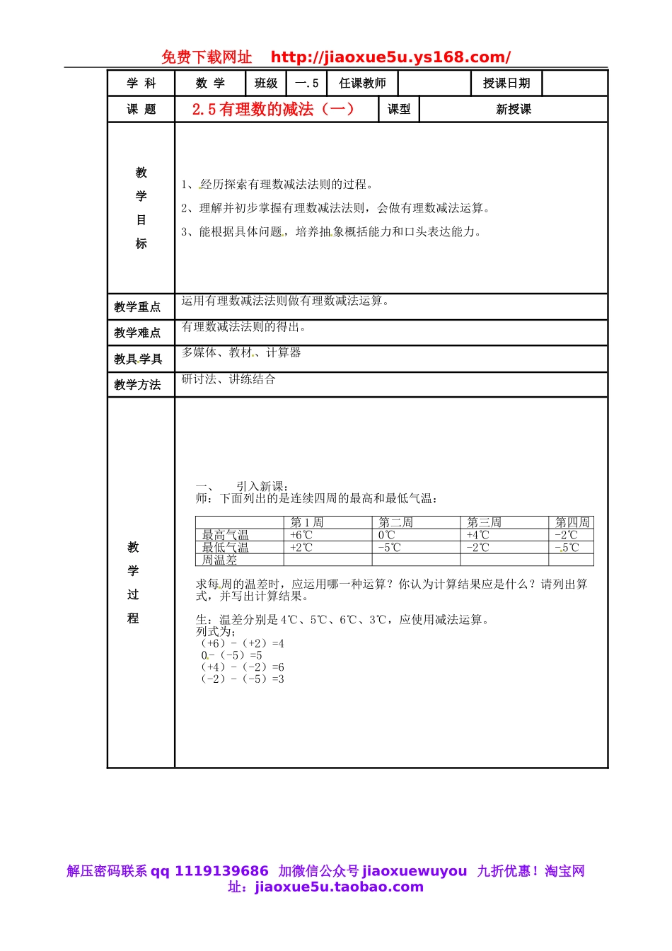 北京课改初中数学七上《1.5有理数的减法》word教案 (2).doc_第1页