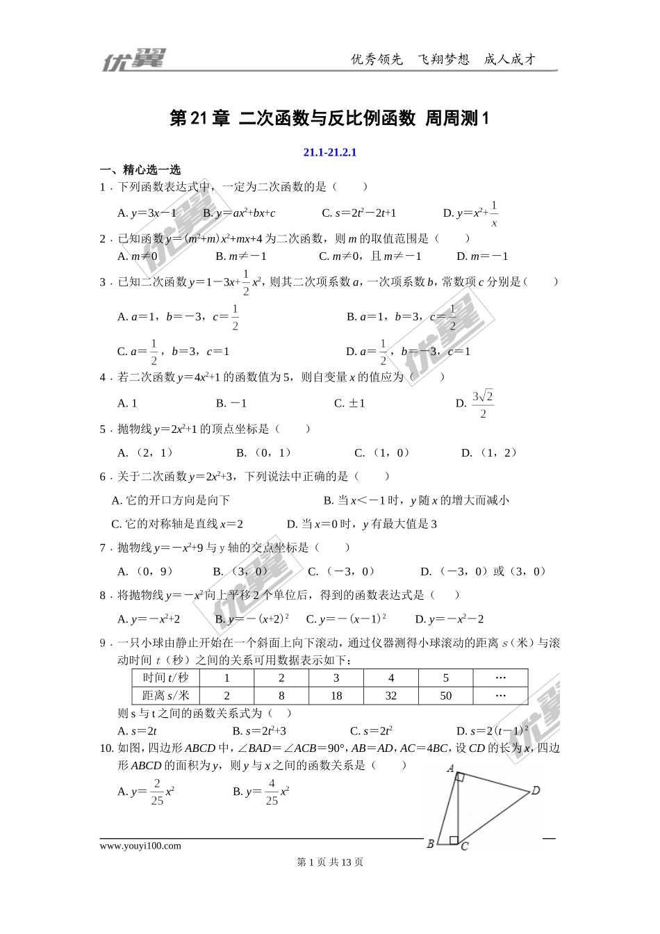 第21章 二次函数与反比例函数 周周测1（21.1-21.2.1）.doc_第1页
