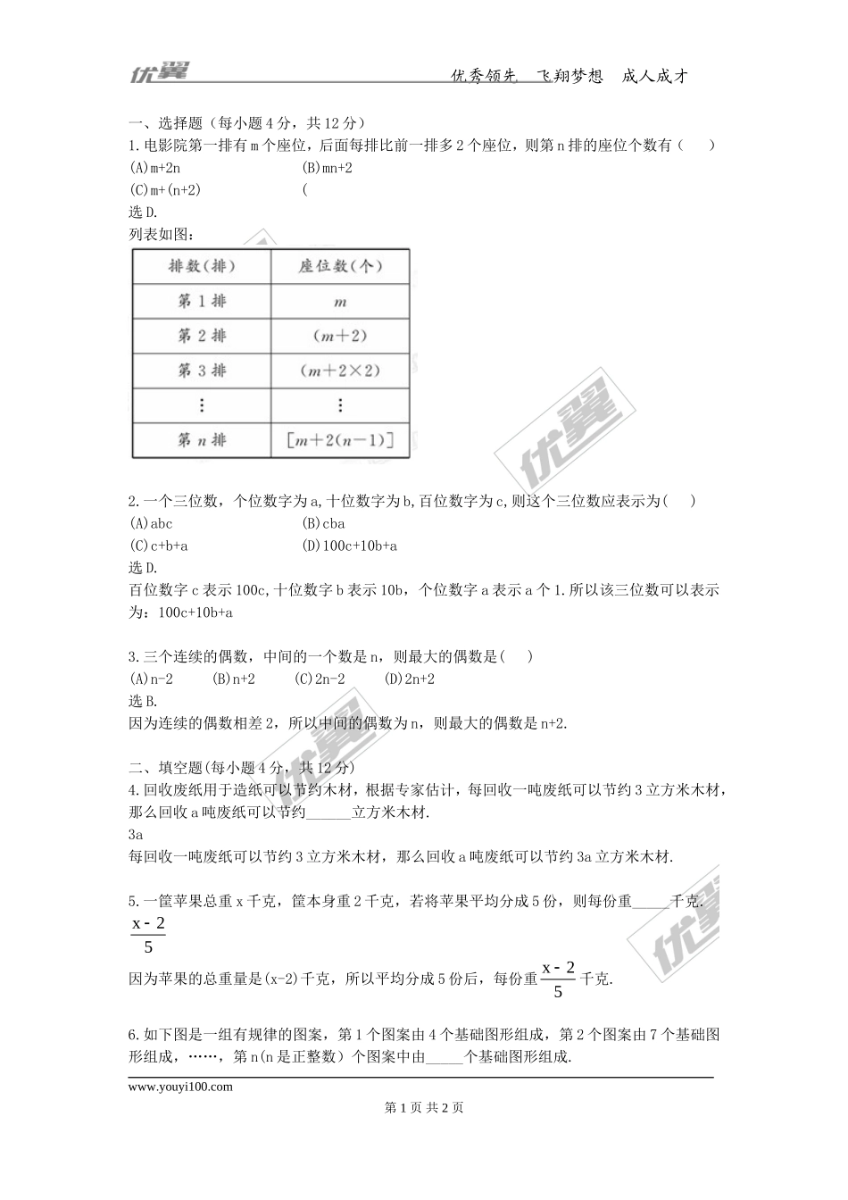 第三章专题练习2 用字母表示数2.doc_第1页