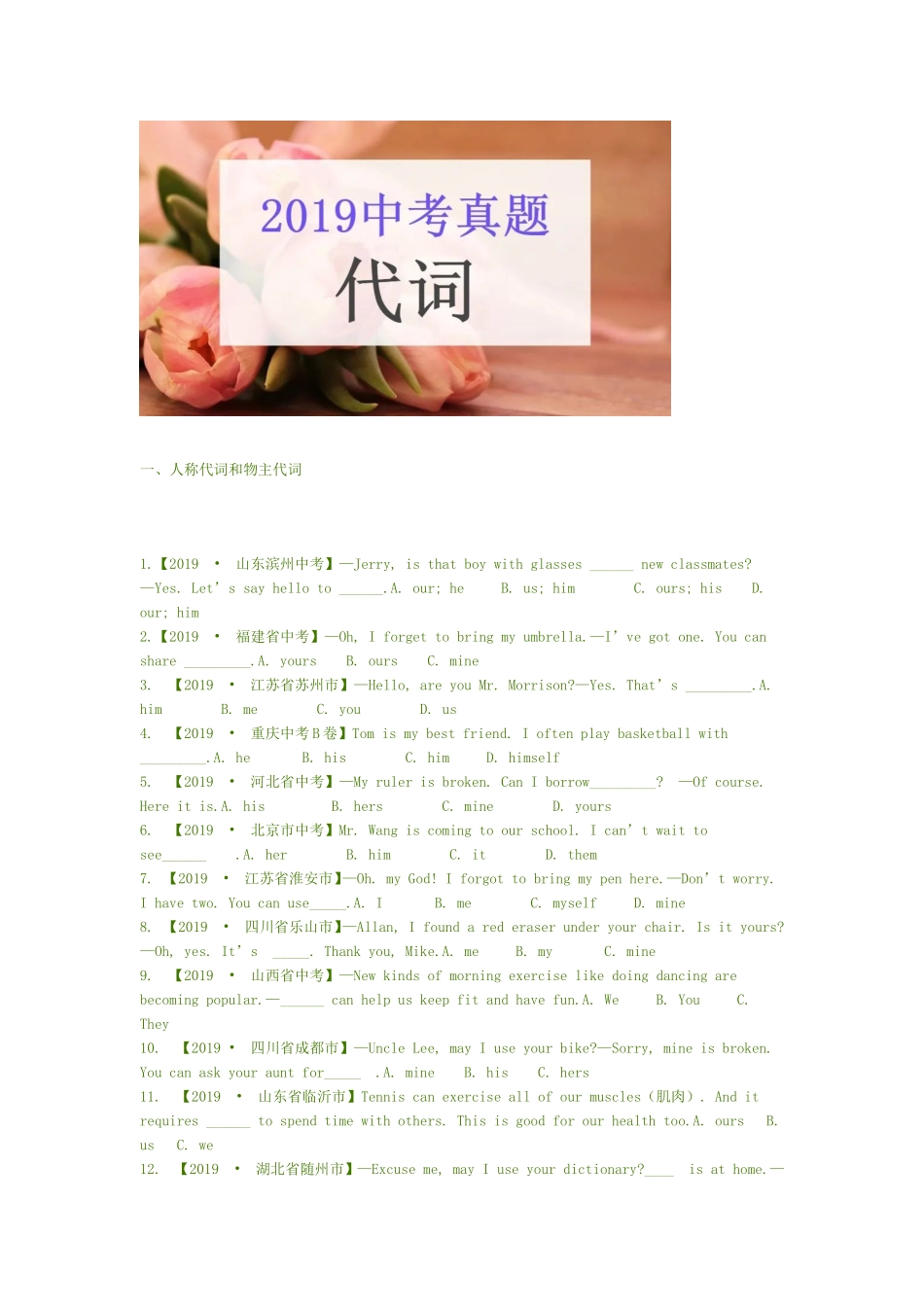 2019英语中考真题 汇总：代词【jiaoyupan.com教育盘】.doc_第1页