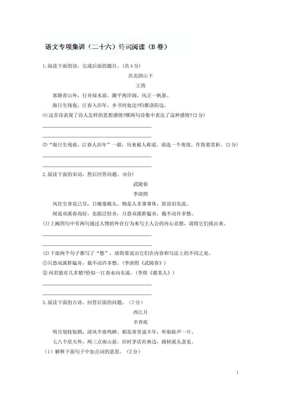 中考语文专项集训：诗词阅读（B卷）【含答案解析】.doc_第1页