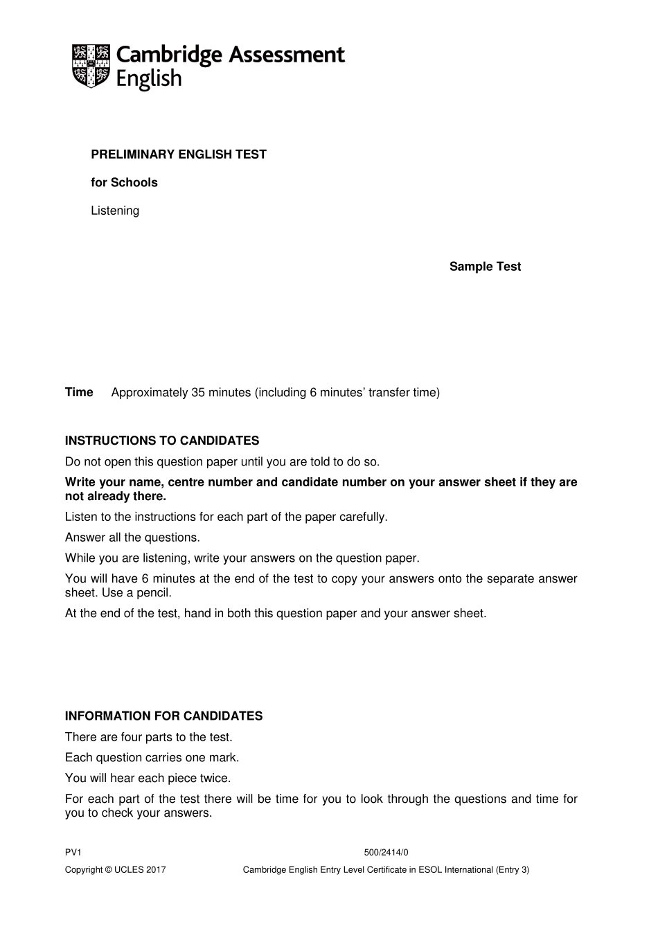 【听力样卷】B1 Preliminary Schools 2020 sample tests Listening - QP.pdf_第1页