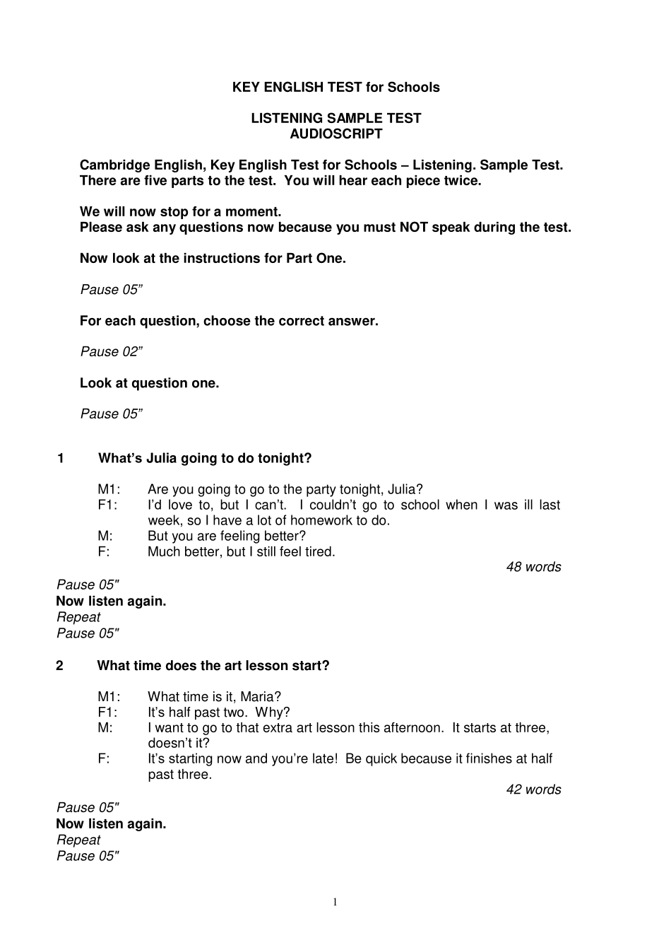 【听力样卷文本】A2 Key for Schools 2020 sample tests Listening - tape script.pdf_第1页